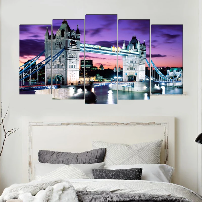 City night scene realist canvas painting classical art prints 5 psc modern wall picture for living room bedroom restaurant hotel | Дом и сад