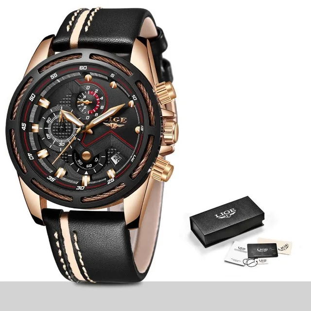 Rose gold black LIGE часы для мужчин модные спортивные кварцевые часы кожа для мужчин s часы Лидирующий бренд Роскошные Синие водонепроницаемые Бизнес часы Relogio Masculino - Цвет: Rose gold black
