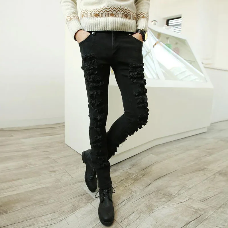 2018 new super fashion cat hole black wash jeans pants men's movement elf boys trend thin pencil Harlan | Мужская одежда