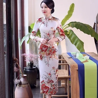 Бежевый SHENG COCO китайское традиционное платье Cheongsam Qipao с длинным рукавом женское темно-синее длинное вечернее Ципао Drees размера плюс 6XL - Цвет: Бежевый