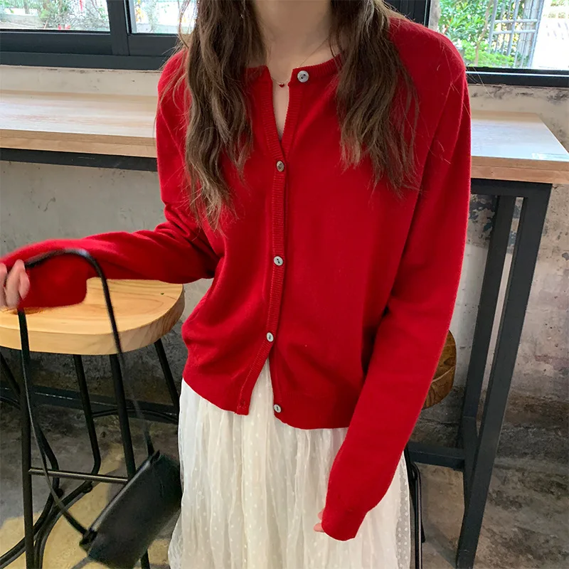 

Spring New Soild Color Loose Sweater Round Neck Knit Cardigan