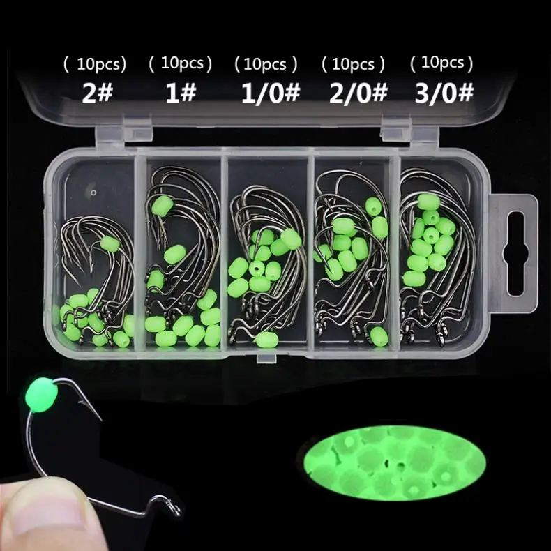 

101pcs/lot Portable Fishing Crank Hooks Luminous Soft Beads Suit Hooks Size 2# 1# 1/0# 2/0# 3/0# with Fishing Tackle Box