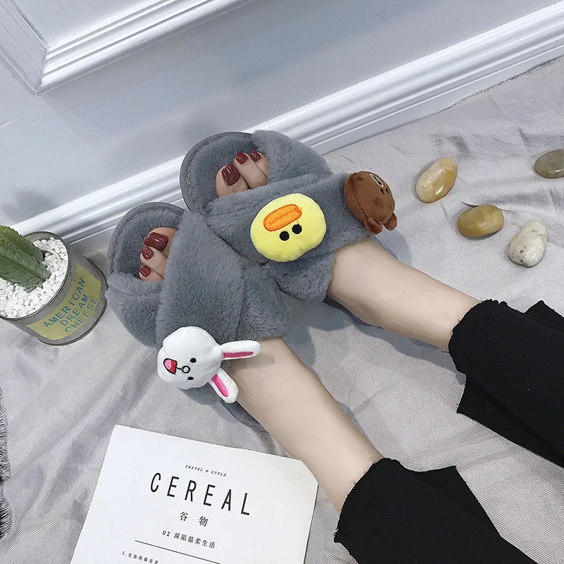 CuddlyIIPanda/Брендовые женские Вьетнамки; сезон осень-зима; теплые домашние тапочки с героями мультфильмов; милые плюшевые теплые тапочки с уткой, Кроликом, медведем