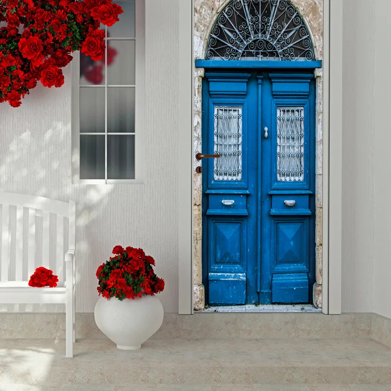 

3D Vintage blue Door Stickers Wallpaper Wall Sticker Poster PVC Waterproof LivingRoom Bedroom Home Decoration Poster