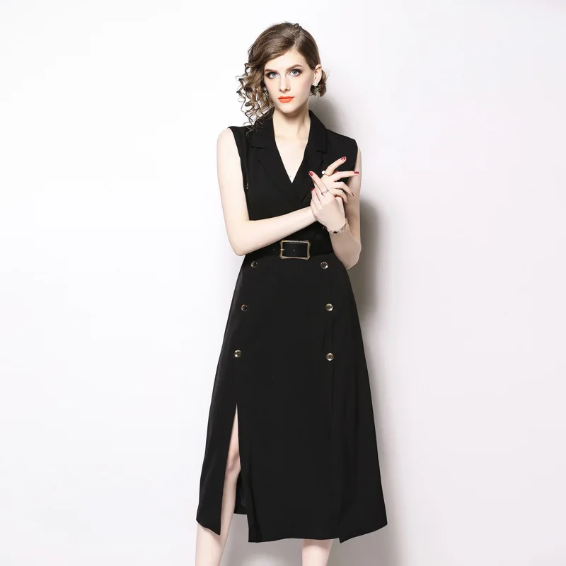 M-XXL spring autumn woman dress sleeveless notched collar calf length with belt buttons split bottom office black | Женская одежда