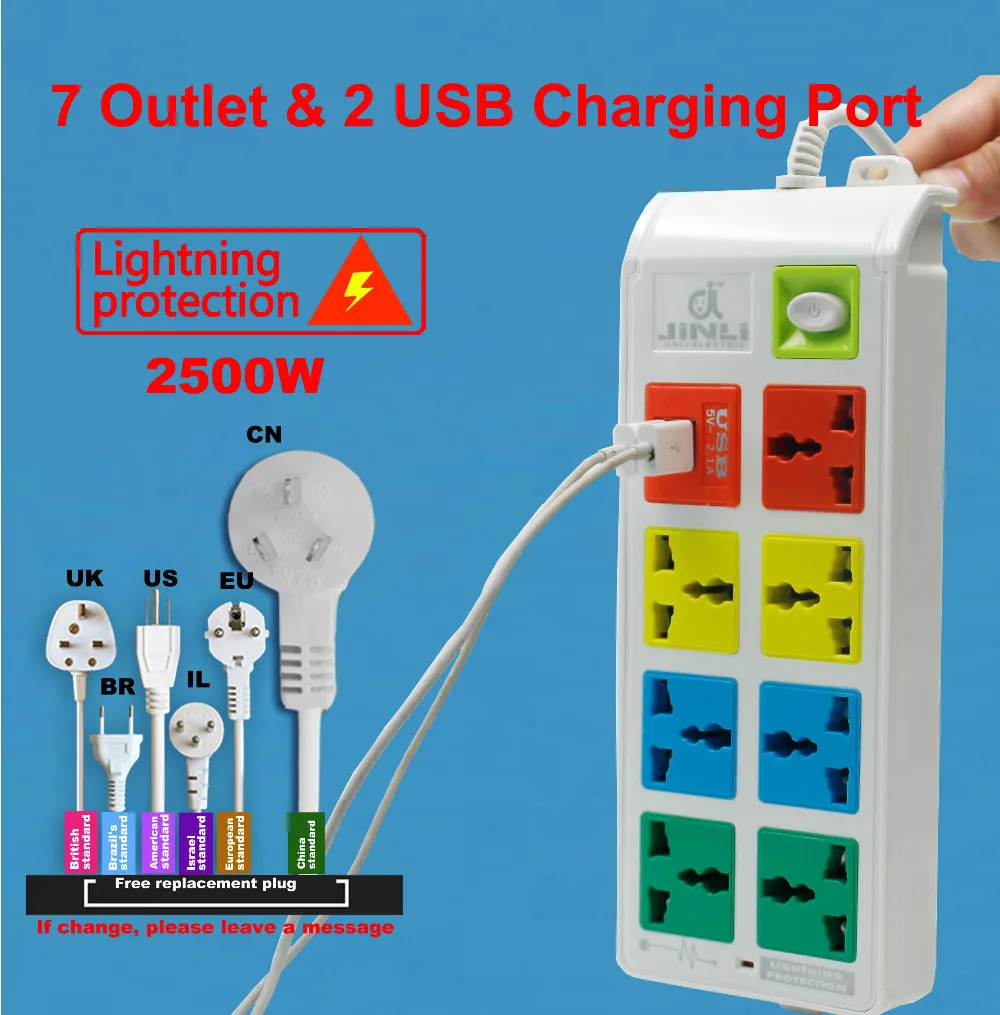 Универсальный сетевой фильтр с 7 розетками и 2 USB портами для зарядного устройства