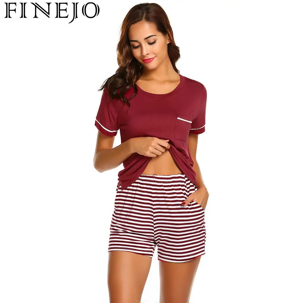 Set Front Shorts Striped Pajama Sleeve Casual Pockets Women Short O-Neck | Женская одежда
