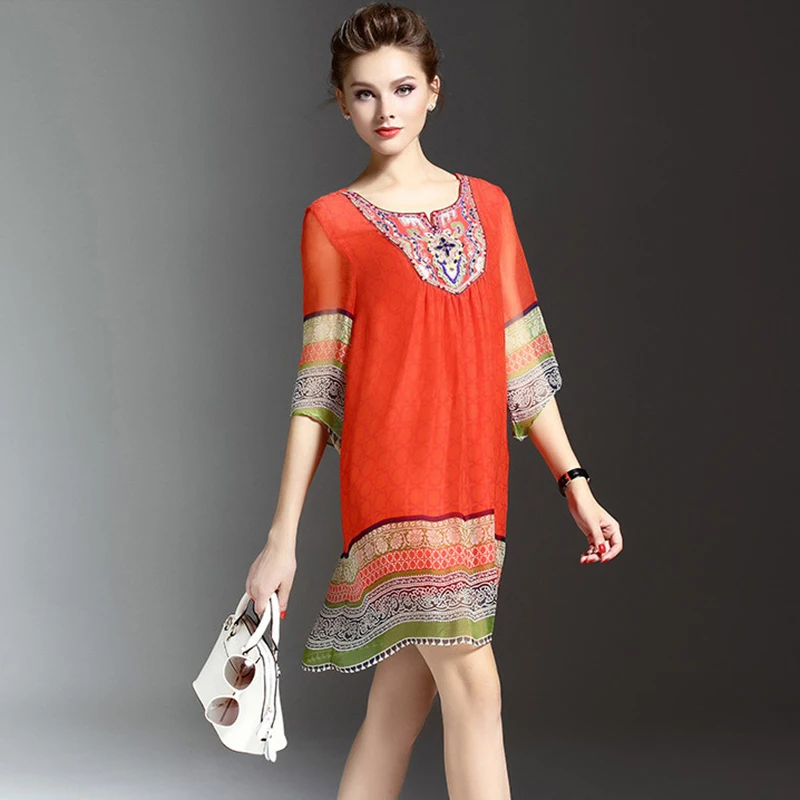 Женское винтажное шелковое платье с блестками короткое красное большого размера