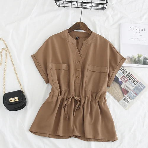 khaki blouse Neploe рубашки с завязками женская блузка с v-образным вырезом и карманами Blusas весна лето сплошной размера плюс Топы женская элегантная Рабочая одежда - Цвет: khaki blouse