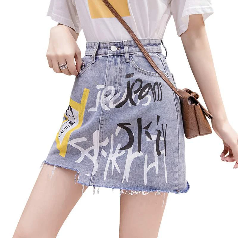 Trytree/Летняя женская юбка с карманами из джинсовой ткани буквенным принтом