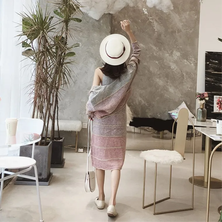 2018 Новое поступление женский осенний комплект одежды Вязание градиент v-образным