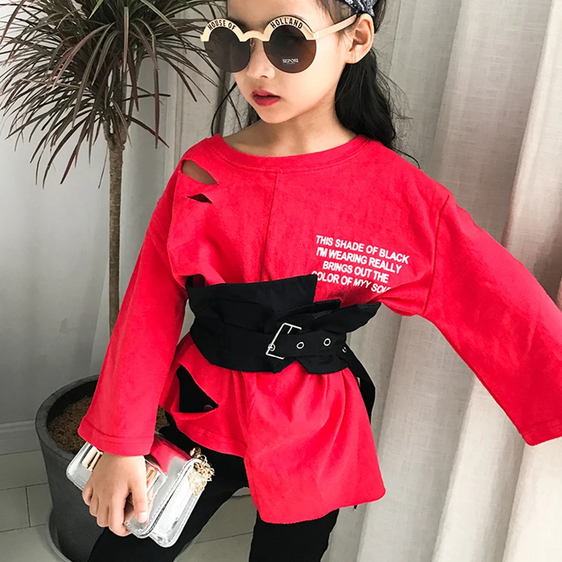 Длинный свитер для девочек Новинка осени 2018 года пояс комплект из двух предметов