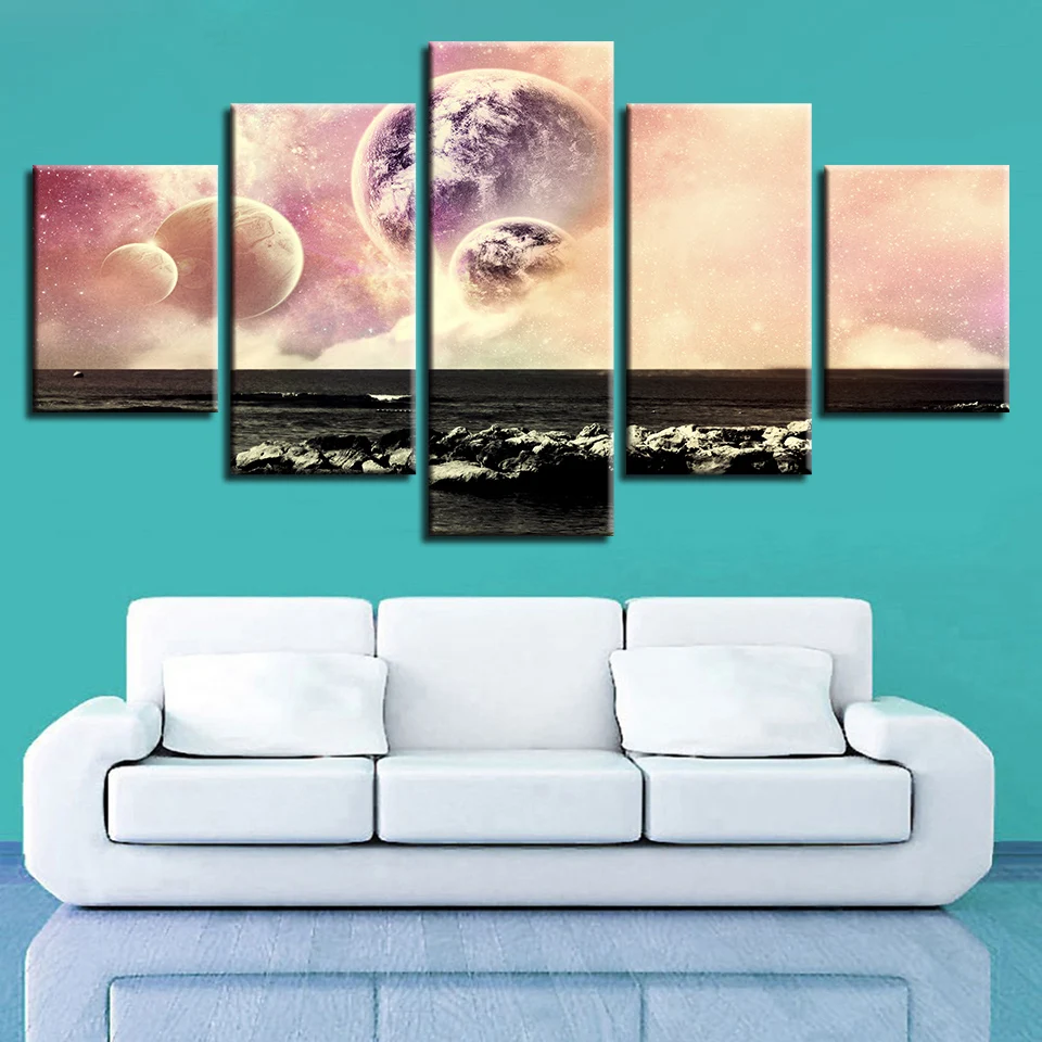 

Modular Pictures Poster Frame Artworks 5 Pieces Abstract Earth Planets Black Seascape Canvas Painting Art HD Printing Decor Wall
