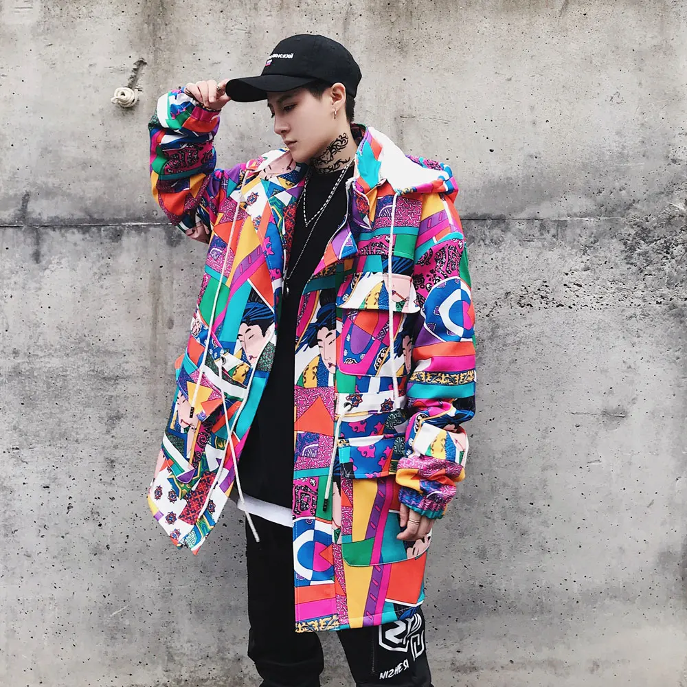 Harajuku японский Ukiyo E Красочные Лоскутные мужские куртки и пальто хип хоп съемный