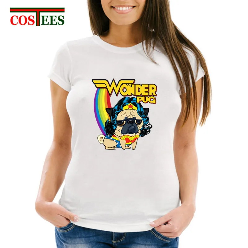 Camisetas/Летняя футболка wonder с чудо Мопсом Женская Радужная единорогом женская для