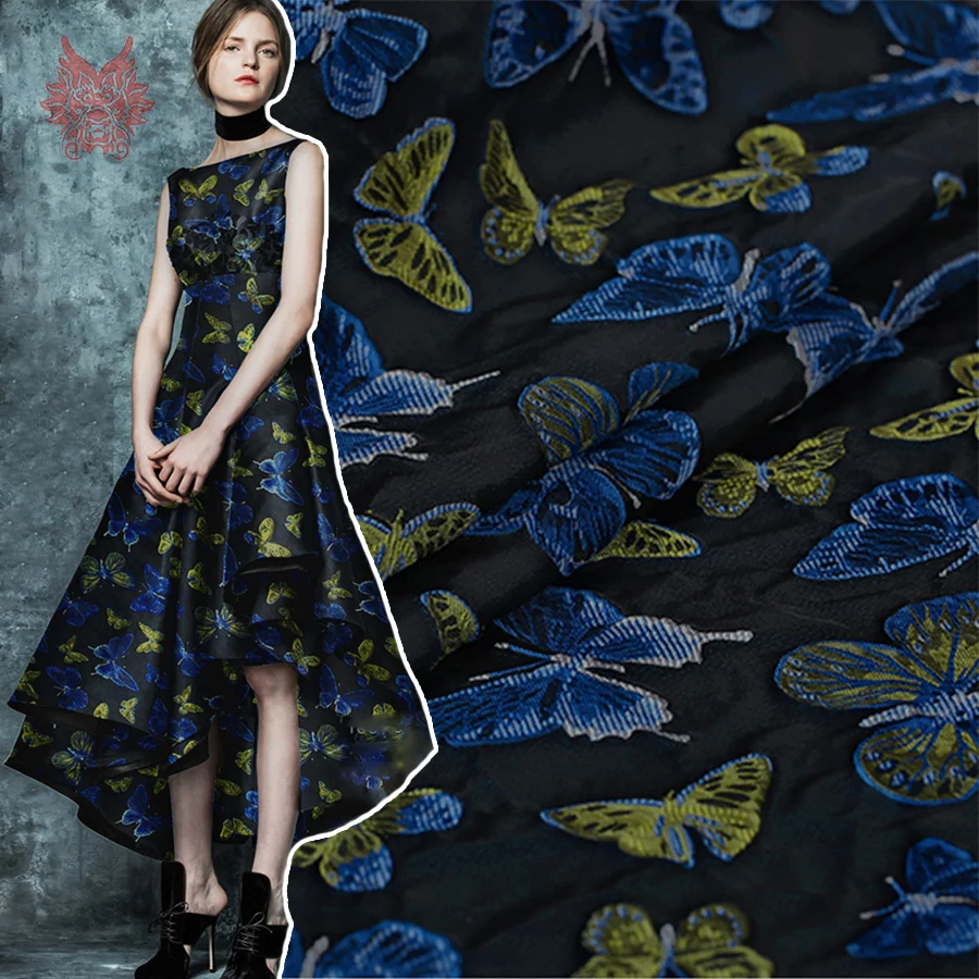 Американский стиль синий желтый бабочка жаккардовая парча ткань для платья telas