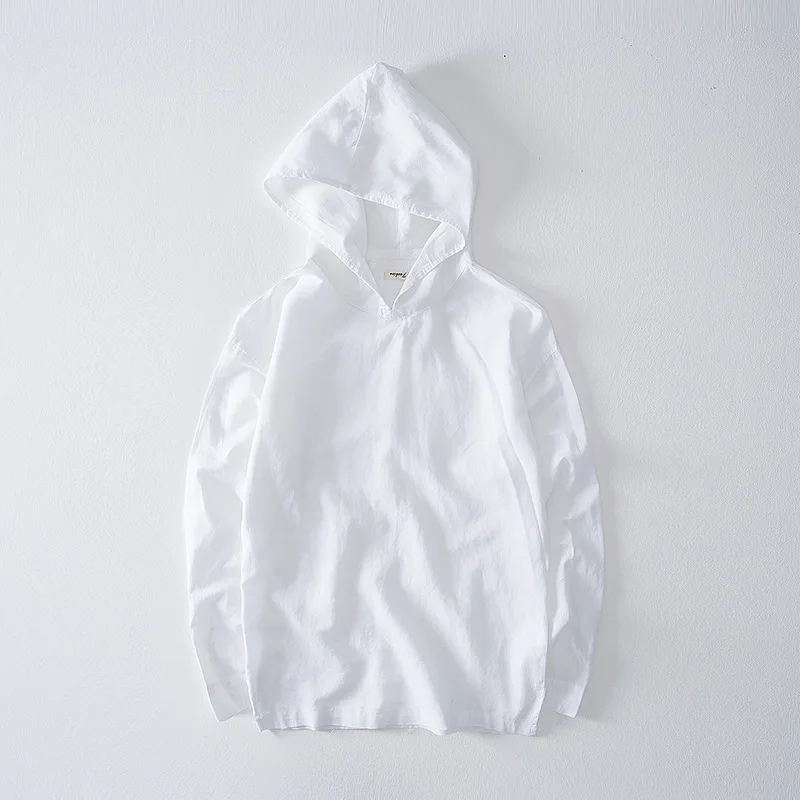 Мужская льняная рубашка с капюшоном Однотонная прямым воротником осень