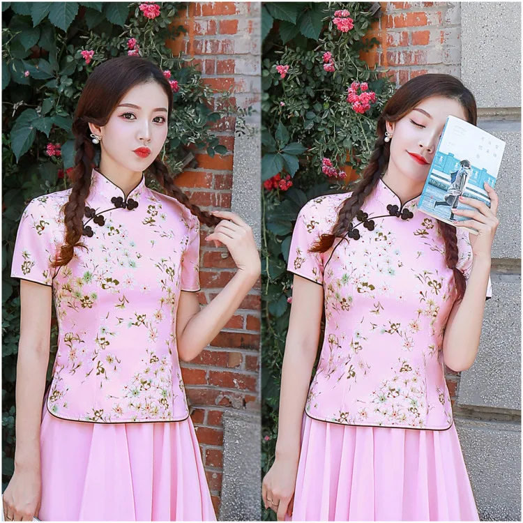 Sheng Coco 3XL 4XL вишневые рубашки Cheongsam блузка желтый цветочный принт Элегантные классические женские топы Ципао китайский стиль
