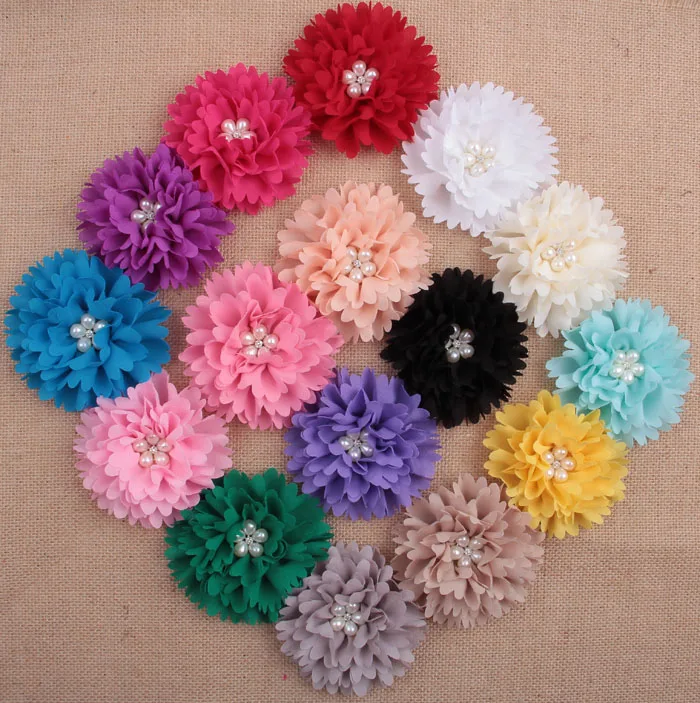 Yundfly 10PCS Baby Girls DIY Hair Accessories Flatback Chiffon Peony Flower with Pearl Rhineston Button | Мать и ребенок