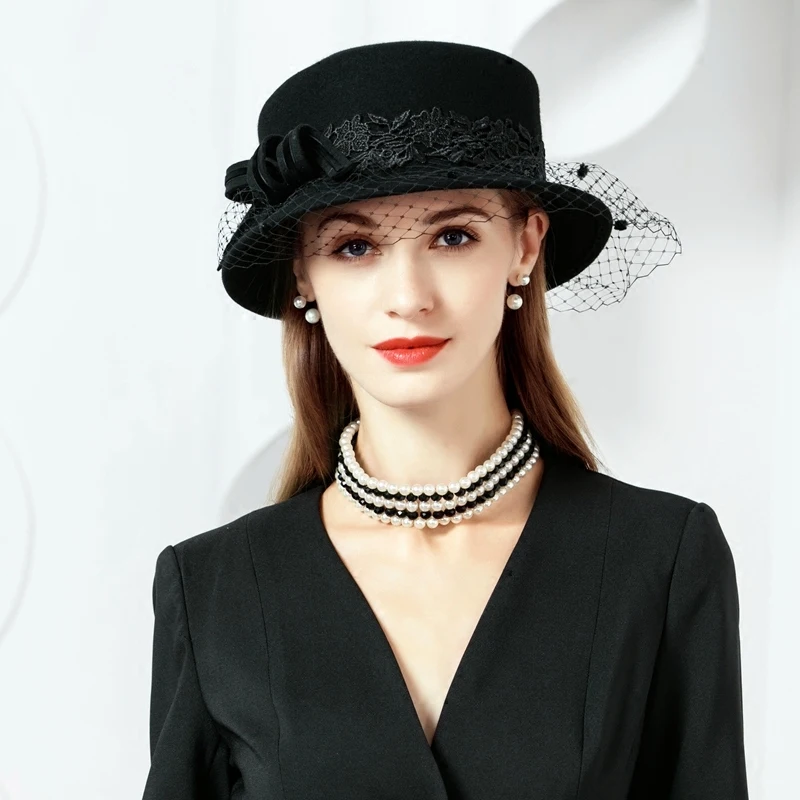 Шляпка женская из 100% шерсти с вуалью Черная|Женские фетровые шляпы| |