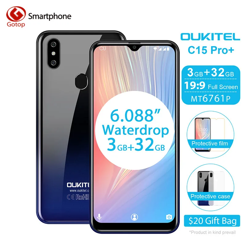 Мобильный телефон OUKITEL C15 Pro + 6 088 дюйма 19:9 Android 9 0 Pie 3 ГБ 32 MT6761 Waterdrop сканер лица Wi-Fi 4G