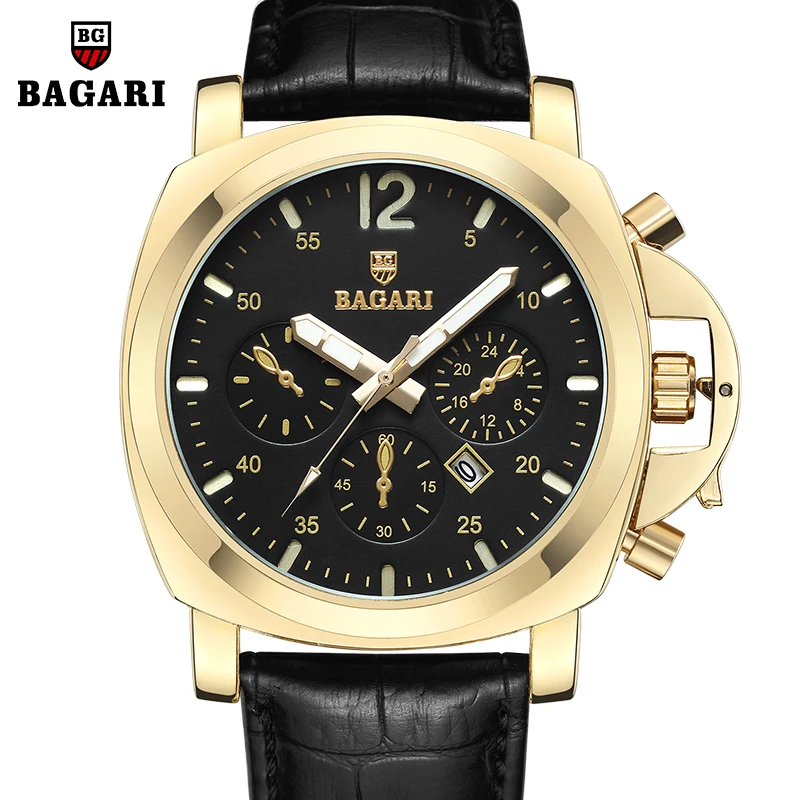 BAGARI мужские часы Лидирующий бренд Роскошные Кварцевые золотые повседневные