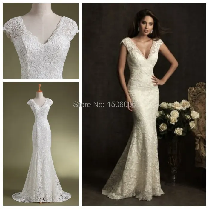 

Lace Mermaid Cap Sleeves V-Neck Elegant Cheap Floor-length Real Picture Wedding Dresses 2016 New arrival Wedding Gowns PP005