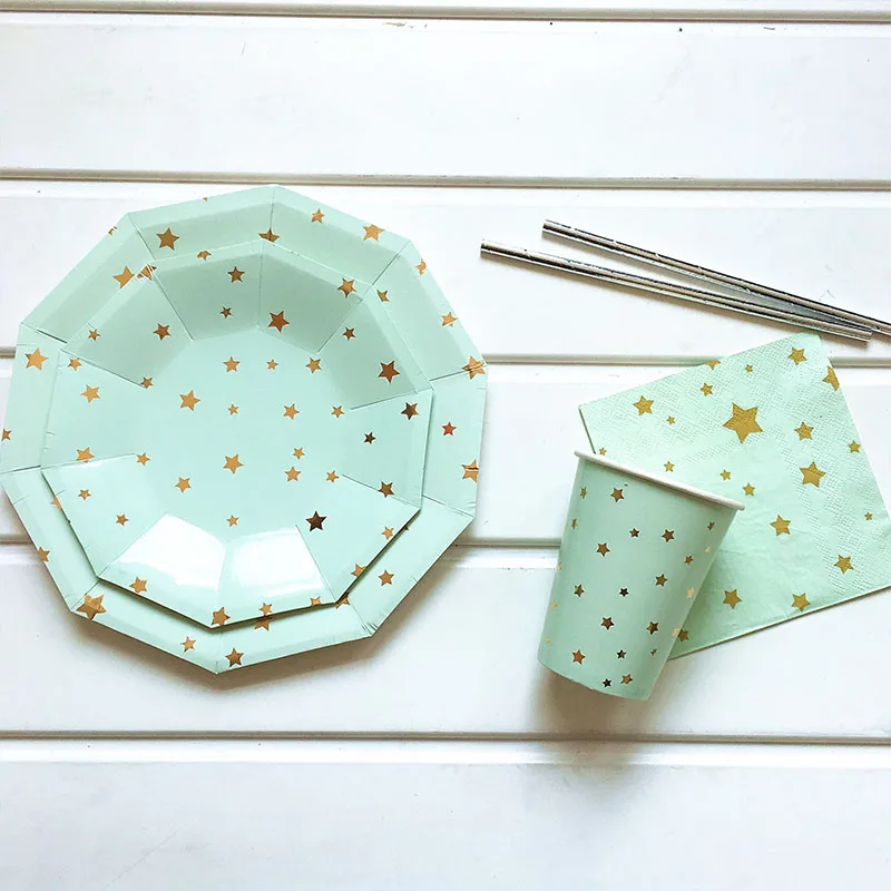 green Pentagram / Star Star Theme Disposable Tableware Sets Party Plates Cups Paper Straws Birthday Party Decorations Party Supplies - Цвет: green