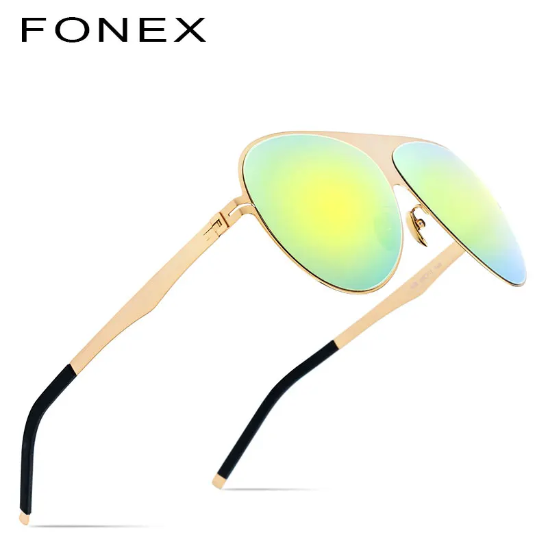FONEX авиационные поляризационные солнцезащитные очки для мужчин, высокое качество, фирменный дизайн, большие, большие, Безвинтовые очки, солнцезащитные очки для мужчин 856 - Цвет линз: Золотой