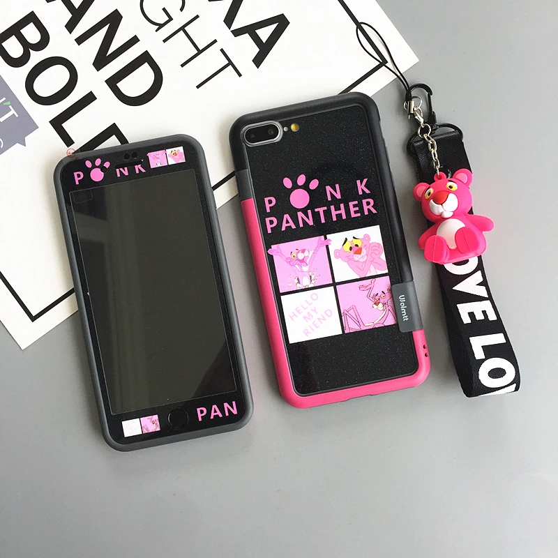 For iphone 8plus Pink Panther F &amp B Tempered Glass screen protector + soft bumper for iPhone X 8 7 7plus 6 6S 6sP toy +straps |