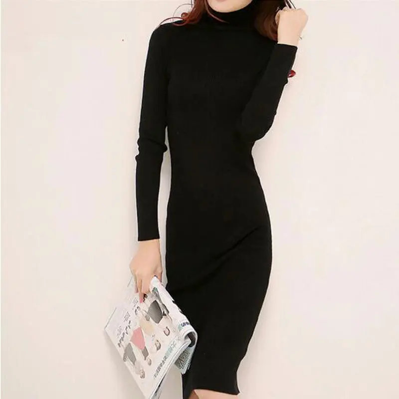 Платье свитер с высоким воротником осень зима 2017 Короткое облегающее эластичное