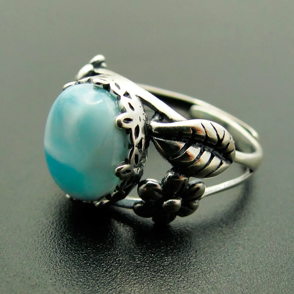 

10X12MM Stone Rings Natural Real AAA Quality Blue Larimar Gemstone Woman Rings 925 Sterling Silver Wedding Flower Rings for Lady