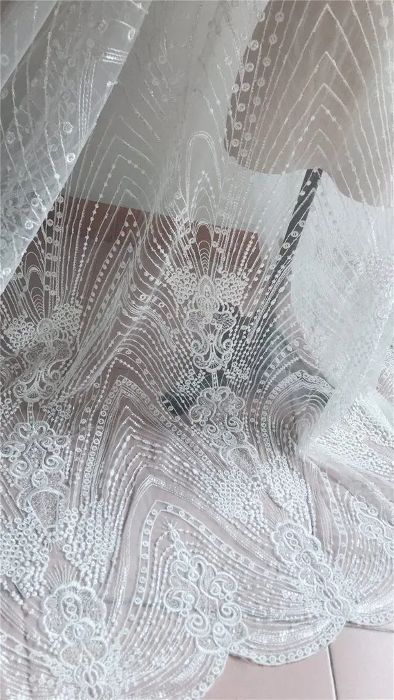 

Most Popular Off White Bridal Lace Fabric,Guipure Mesh lace with Sequin,Super Dedicate Heavy Beaded French Lace for Full Dress