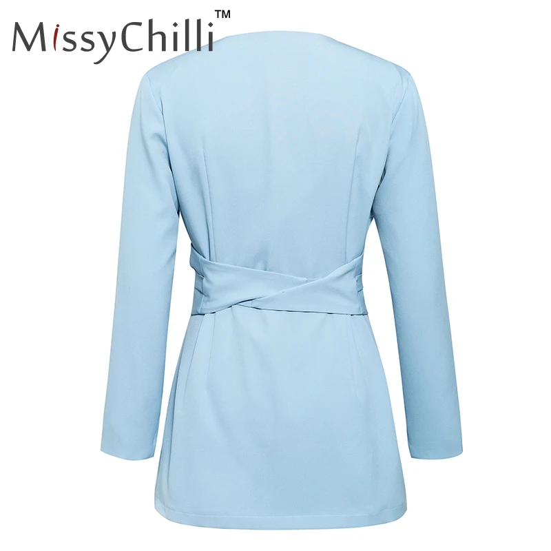 MissyChilli, сексуальный синий блейзер с длинным рукавом, Женский офисный Блейзер на шнуровке с глубоким v-образным вырезом, женское элегантное осеннее пальто