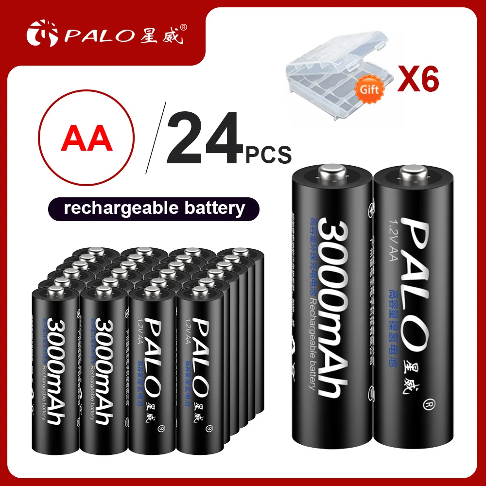 PALO 100% оригинал 24 шт. AA аккумулятор aa аккумуляторные батареи 3000 мАч 1 2 в Ni-MH для