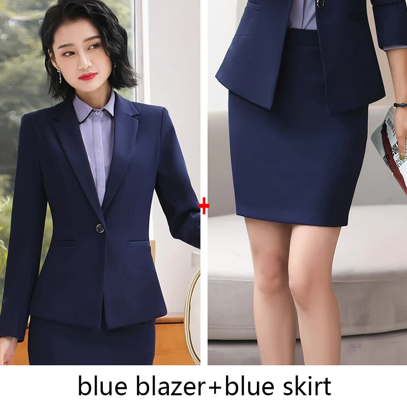 blue skirt suits Женские весенне-осенние новые модные Женский комплект 2 шт. костюмы с юбкой, тонкая рабочая одежда, офисный Женский блейзер с длинным рукавом и юбка, наряды - Цвет: blue skirt suits