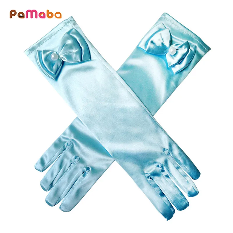 

PaMaBa Girls Princess Cosplay Accessories Gloves Solid Long Gloves With Bow Princess Belle Elsa Sofia Cinderella Satin Gloves