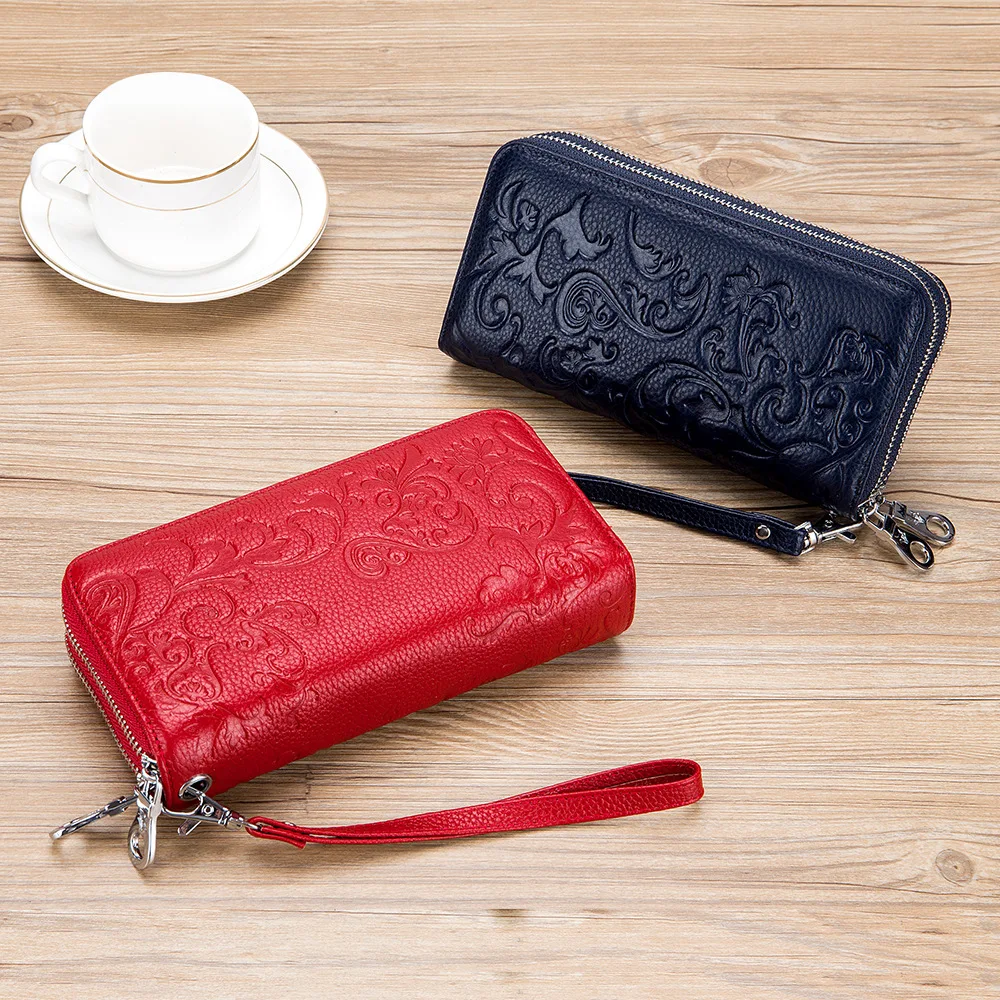 

WESTCREEK Brand RFID Genuine Leather Women's Embossing Flower Long Wristlet Wallet Ladies Clutch Wallets Female Casual Purse