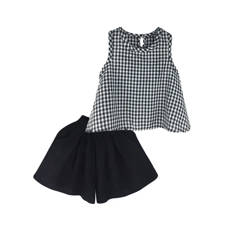 

DFXD 2018 Summer Children Girls Clothing Sets Cotton Sleeveless Plaid O-neck Vest Top+Wide Leg Pant 2pc Kids Outfits 2-7Years