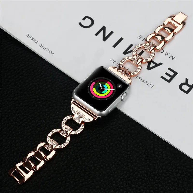 rose gold Шикарный Браслет из нержавеющей стали для Apple Watch ремешок 42 мм/38 мм iwatch 3 2 1 ремешок роскошный алмаз+ металлический ремешок для часов - Цвет ремешка: rose gold