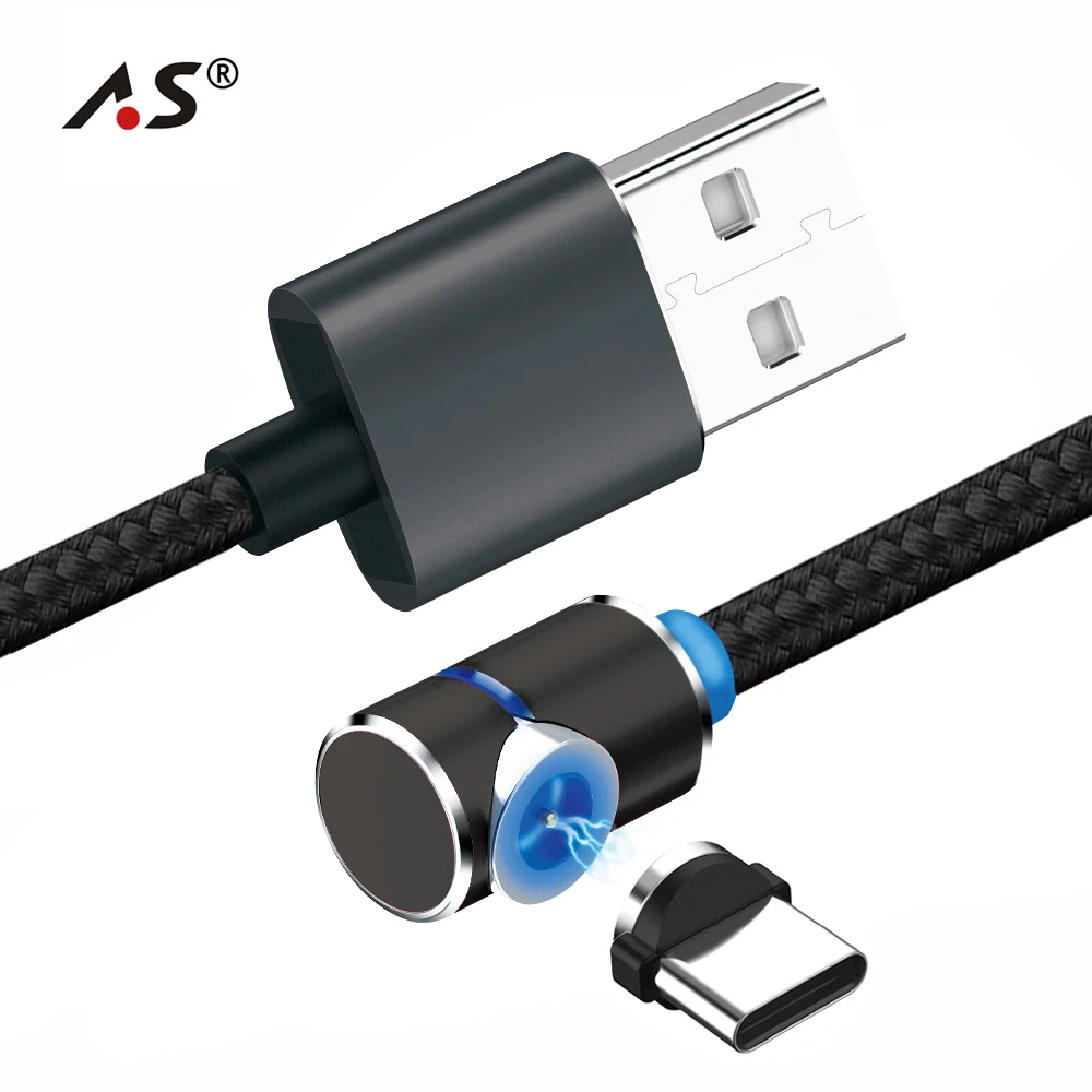 Магнитный кабель A.S 90 градусов с нейлоновой оплеткой usb type C для samsung S9 S8 One Plus 5T XiaoMi