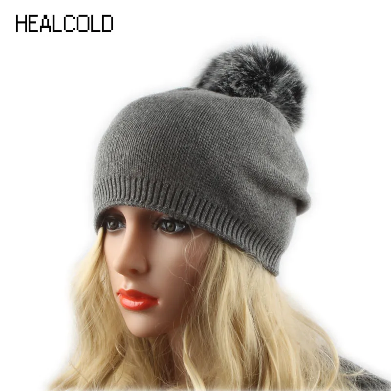 Женские зимние шапки HEALCOLD вязаные из искусственного меха с помпонами|winter hats for