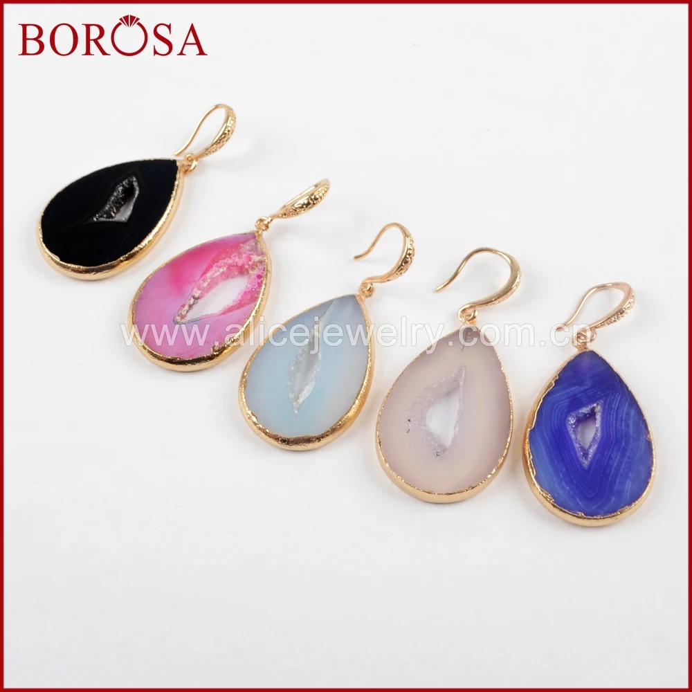 BOROSA золото Цвет падение Природный Druzy Geode-ворота Длинные Висячие серьги мода 5 пар