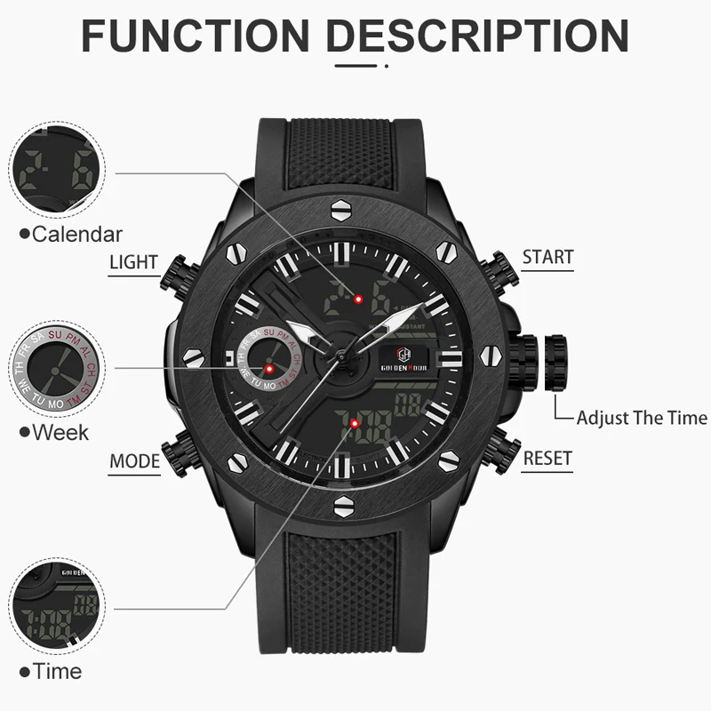 Мужские часы Reloj Hombre GOLDENHOUR Erkek Kol Saati автоматические кварцевые спортивные цифровые