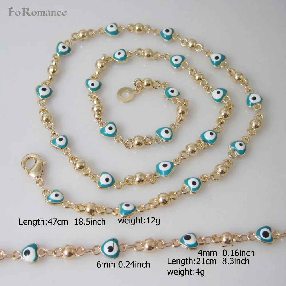 ORDER 10$ GET FREE SHIPPING/ GOLD GP EVIL EYE 18.5&quot NECKLACE 8.3&quot BRACELET SET BLUE ENAMEL BEADS IN HEART SHAPE EYES NEW | Украшения