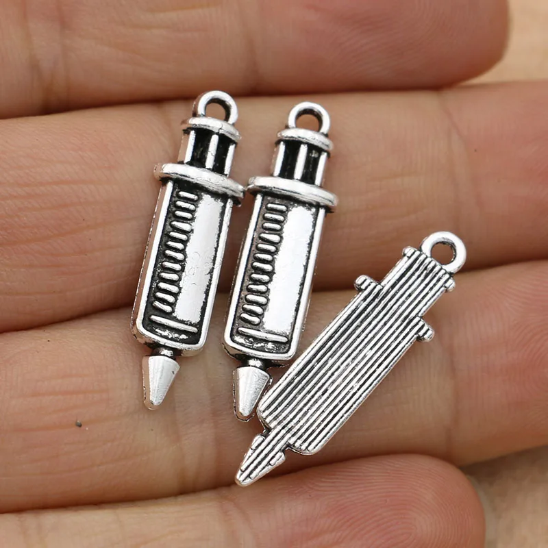 KJjewel Antique Silver Plated Syringe Injector Charms Pendants for Jewelry Making Bracelet Accessories Diy 27x8mm 10pcs/lot | Украшения и
