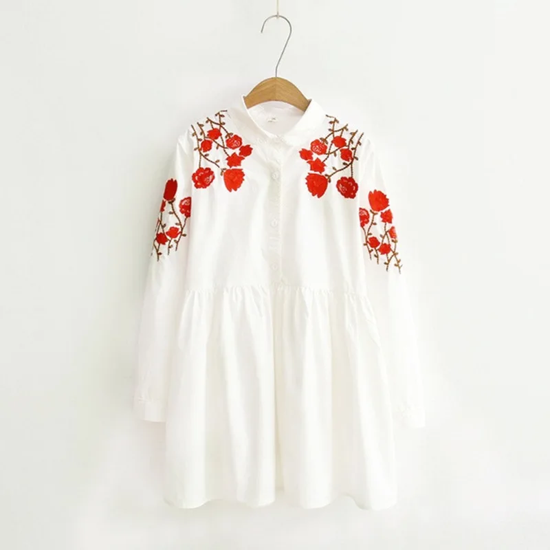 

2020 Sping Women Cotton Floral Chinese Plum Embroidery White Long Sleeve Shirt Office Wear Fashion Woman Blouse Tops