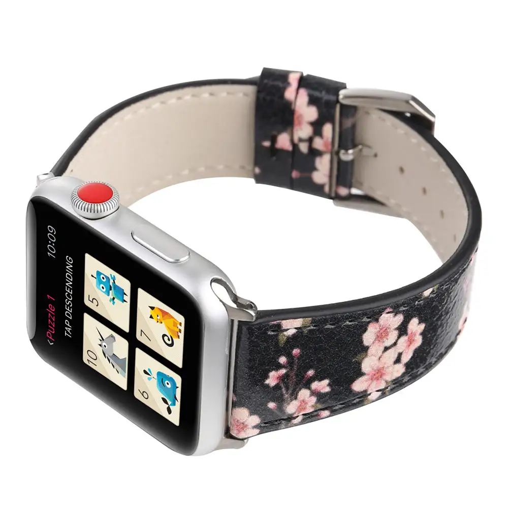 DAHASE сливы кожаный ремешок для наручных часов Apple Watch, 38, 42 мм, версия Цветочный принт браслет для наручных часов iWatch серии 1 2 3 Аксессуары