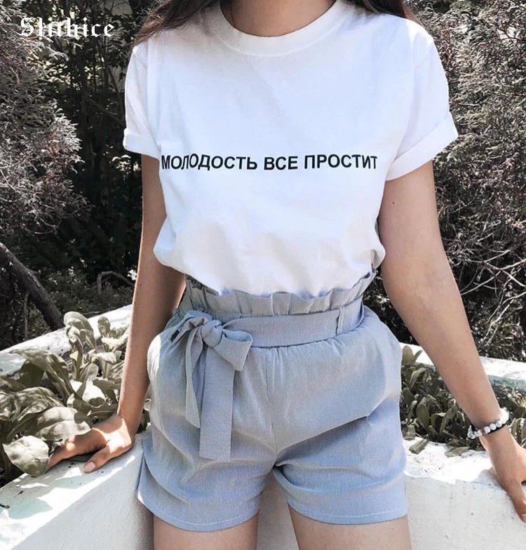 Slithice мода хлопковые футболки для женщин harajuku принт в виде русских букв