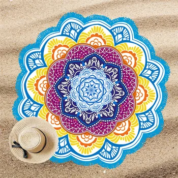 BlessLiving Mandala Lotus Tapestry Floral Round Beach Towel Tassel Sunblock Bikini Cover-Up Blanket Bohemian Colorful Picnic Mat 2